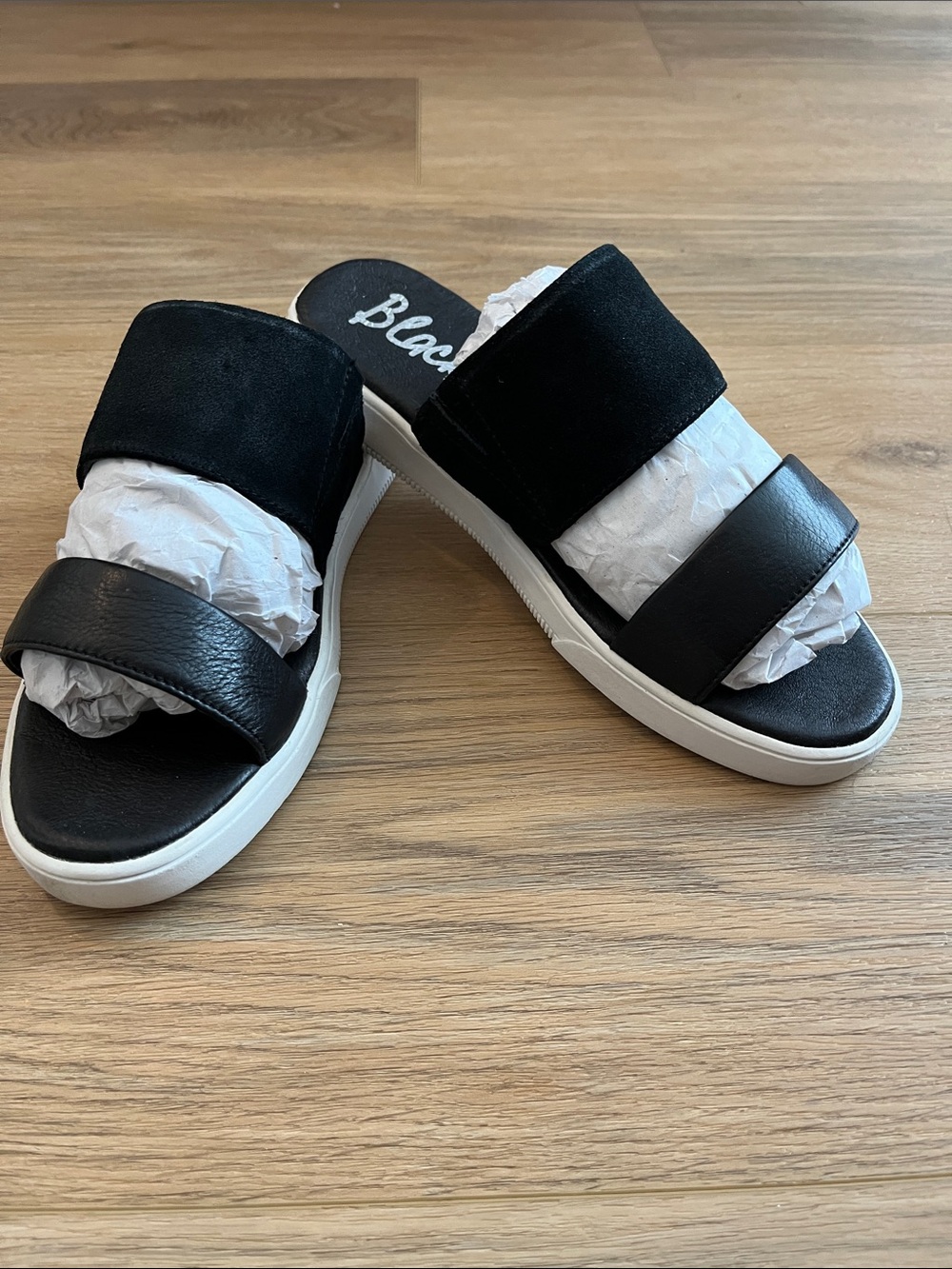 Blackstone Women's Black Dual-Strap Slide Sandals with White Platform